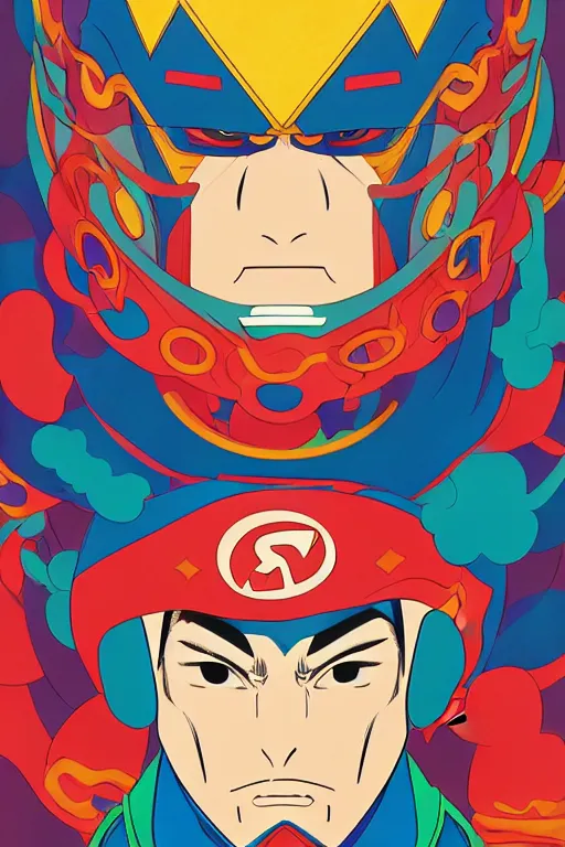 Prompt: abstract portrait of kongming as superhero, 6 0 s anime art, floating detailes, very detailed face, leaves by miyazaki, colorful palette illustration, kenneth blom, mental alchemy, james jean, pablo amaringo, naudline pierre, contemporary art, hyper detailed