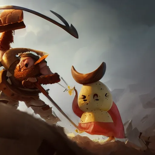 Image similar to viking battle toast, a slice of toasted bread with a face, arms and legs, holding a sword, cute, pixar, volumetric lighting, dynamic composition, fantasy, hyper detailed, ultra realistic, sharp focus, octane render, concept art by ruan jia and heng z and artem