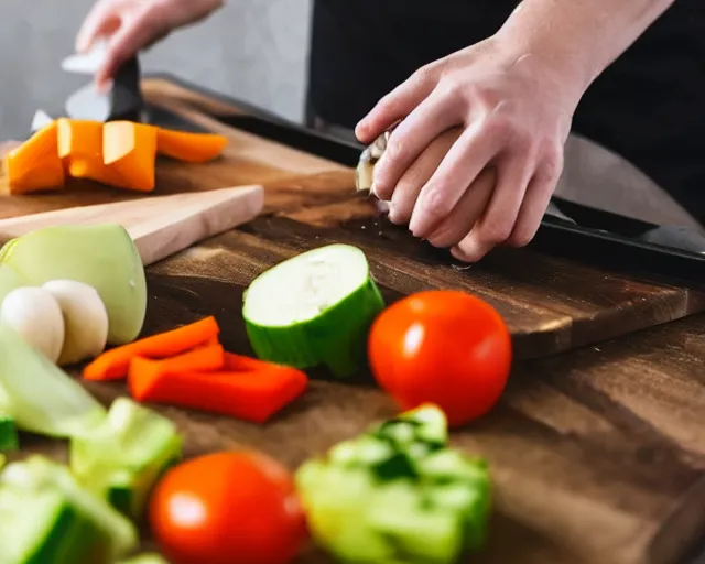 Image similar to 9 0 degrees fov, first person point of view of me chopping vegetables on a chopping board