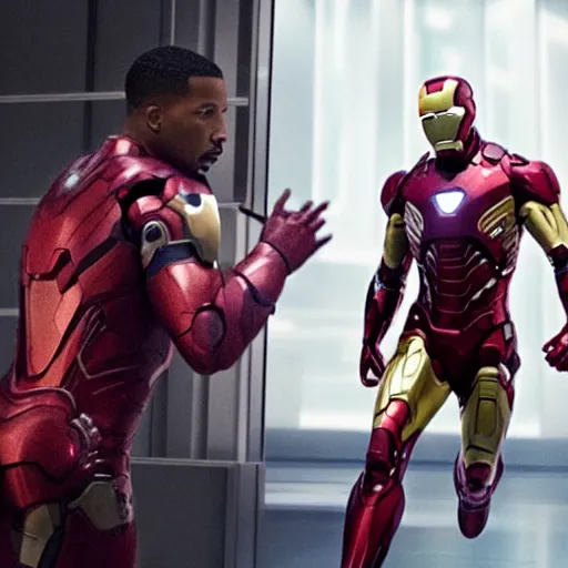 Prompt: A still of Michael B Jordan as Iron Man in Avengers: Endgame (2019)