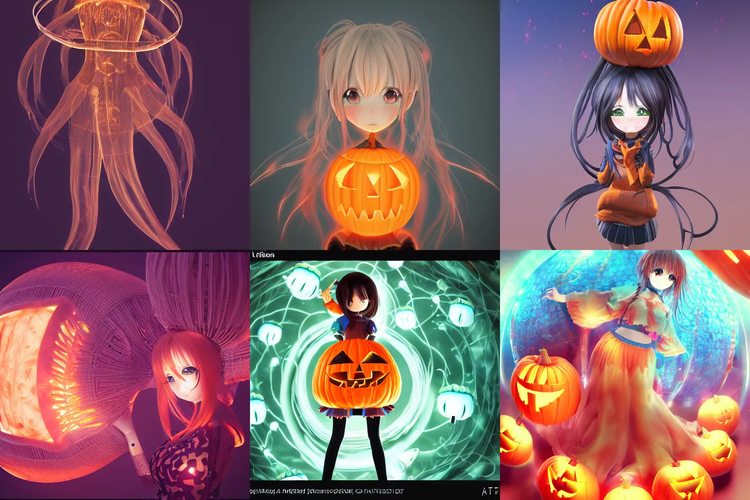 Image similar to intricate anime girl wearing a pumpkin artwork jellyfish bio-mechanical bio-luminescence, octane render, trending on artstation, hyper realism, 8k, fractals, patterns