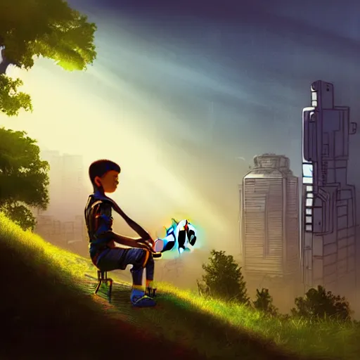 Prompt: a little cyborg boy with a guitar sits on a skyscraper in cybernetic city, in the background forest and a bright sunrise, side view from afar, toxic rays of the sun, dramatic light and shadows, d & d, fantasy, digital painting, landscape, concept art, sharp focus