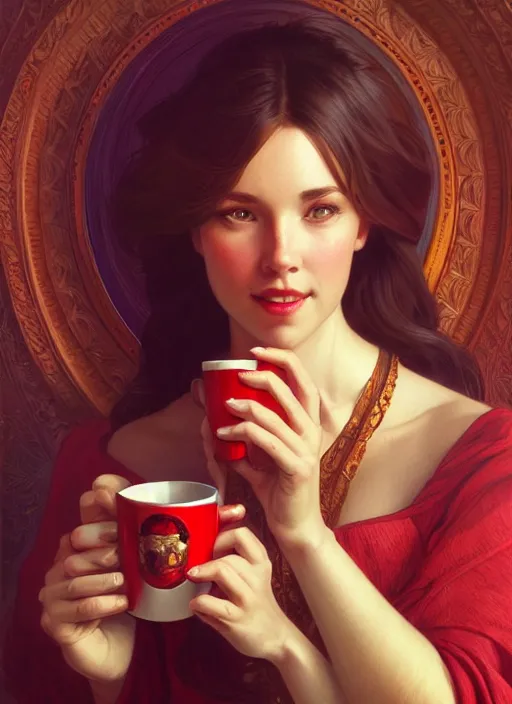 Image similar to perfectly - centered - portrait of a beautiful lady drinking red cup coffee, intricate, highly detailed, digital painting, artstation, concept art, smooth, sharp focus, illustration, unreal engine 5, 8 k, art by artgerm and greg rutkowski and alphonse mucha