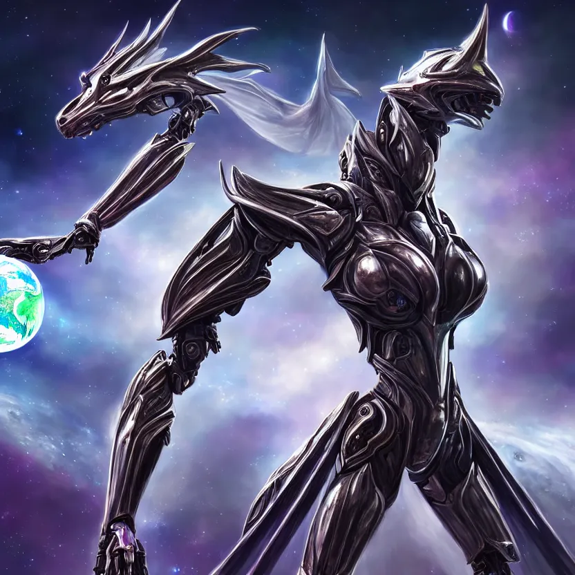 Image similar to goddess shot, galactic sized stunning beautiful anthropomorphic robot mecha female dragon, in space, larger than planets, posing elegantly, holding earth in sharp claws, detailed silver armor, epic proportions, epic scale, ultra detailed digital art, furry art, macro art, dragon art, giantess art, warframe fanart, furaffinity, deviantart, realistic