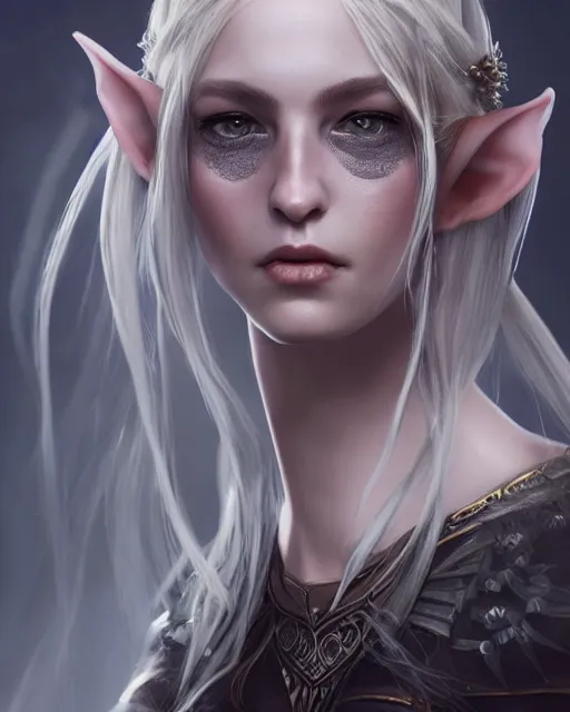 Image similar to portrait of a beautiful female elf with shimmering hair, symmetrical face and eyes, cgsociety, Elden Ring, Dark Souls, Bloodborne
