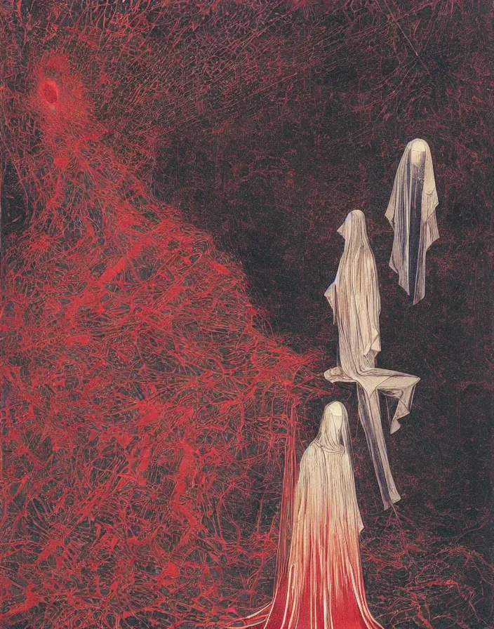 Prompt: worshippers in red robes holding a very large crystal tesseract radiating white light, interior of a small room, glowing crystal tesseract, beksinski painting, part by adrian ghenie and gerhard richter. art by takato yamamoto. masterpiece, deep colours