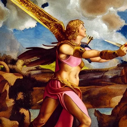 Image similar to very detailed painting of a cinematic still of a powerful beautiful valkyrie, holding a golden sword in her hand, dramatic clouds, painted by michelangelo, the painting is considered the most beautiful in the world