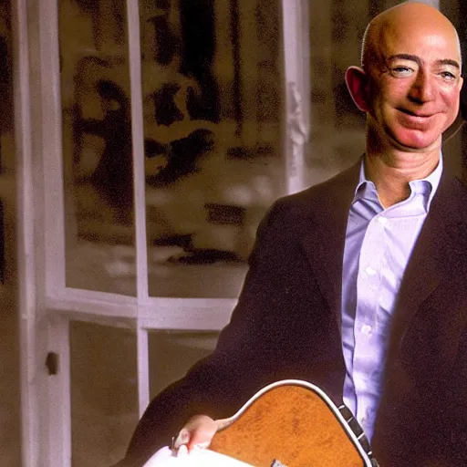 Image similar to jeff bezos as a hippie clothes in woodstock