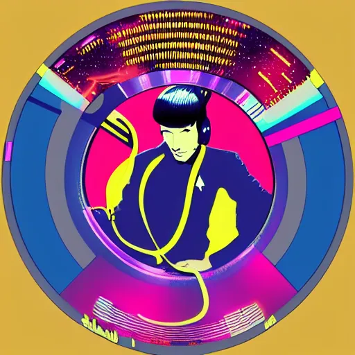 Image similar to svg sticker of a Pop-Wonder Captain-Spock-Star-Trek at a rave, spinning records, giant headphones rocking out, wearing headphones, huge speakers, dancing, rave, DJ, spinning records, digital art, amazing composition, rule-of-thirds, award-winning, trending on artstation, featured on deviantart