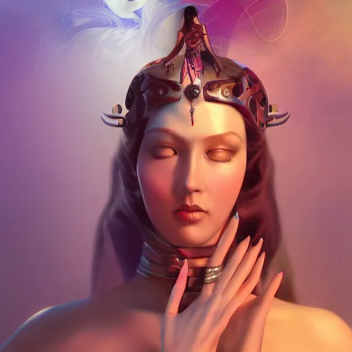 Prompt: beautiful female figure bestowing enlightenment upon mankind in the style of rolf armstrong, cyberpunk, futuristic, 8 k resolution, trending on artstation, cg society, award winning