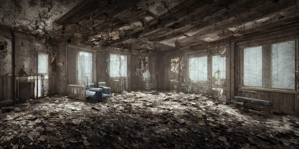 Prompt: abandoned house interior, grunge, cinematic composition, hyper realistic, 8k resolution, unreal engine