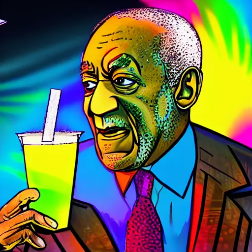 Image similar to Bill Cosby offering large glowing drink in nightclub background, colorful 16k hyper realistic illustration