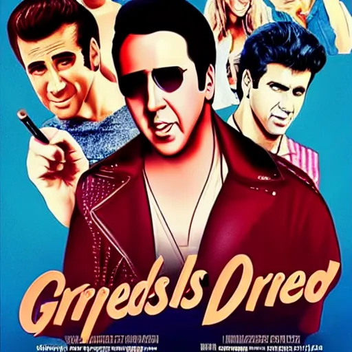 Image similar to a film poster of grease with Nicolas cage, realism, film grain