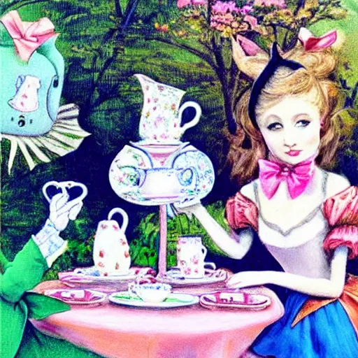 Prompt: “Alice at a tea party, Alice in Wonderland, realism”