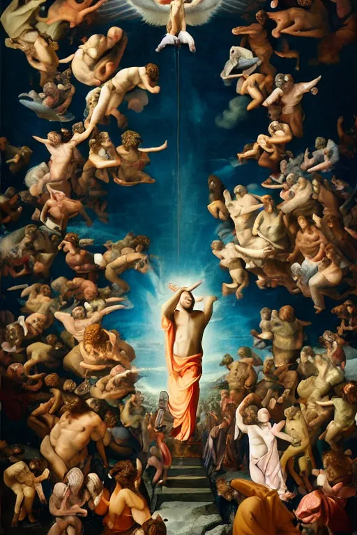 Prompt: The ascension of Mac Miller, Heaven, Hell, Divinity, Hope, Ethereal, Renaissance Painting, Symmetry, Atmospheric Lighting, artstation trending, good versus evil, ladders, angelic, the divine feminine, drama masks, Pittsburg, Blue Slide Park, Most Dope, environment concept, Rendered in Octane, trending on artstation, cgsociety, moody lighting rendered by octane engine, environment 8K artstation, cinematic lighting, intricate details, 4k detail post processing, hyperealistic, octane render, photo realism