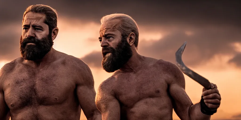 Prompt: epic cinematic film still of joe biden as leonidas in the movie 3 0 0, golden hour lighting, moody sky, 8 k