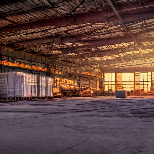 Prompt: wide gamut color cinematic matte painting of professional white balanced flambient HDR golden hour real estate photography ancient acifi fantasy industrial manufacturing facility