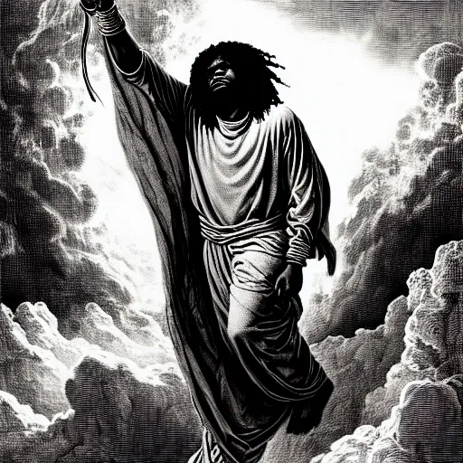 Image similar to cheef keef ascending into heaven holding actavis, biblical image, style of gustave dore, highly detailed, beautiful, high contrast, black and white