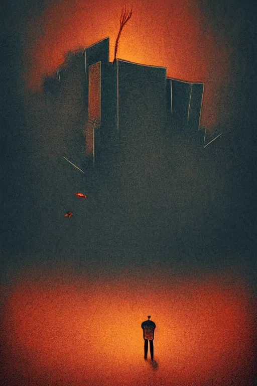 Image similar to burning overgrowth!!!!!+a lone man+fish flying in the sky, Mads Berg, Karolis Strautniekas, film noir, stippled light, dramatic lighting,editorial illustration, detailed,fine texture, matte print, art deco, brutalism, dark blue + dark orange, red, black, ((habitat 67 background))