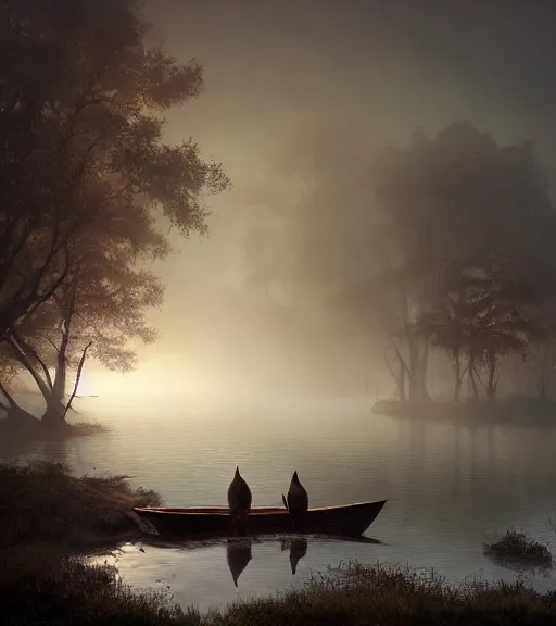 Image similar to three crows in a little boat in a swamp, volumetric lighting, fog, majestic light, octane render, ethereal glare of the sun, hyperrealistic, epic, masterpiece, by greg rutkowski