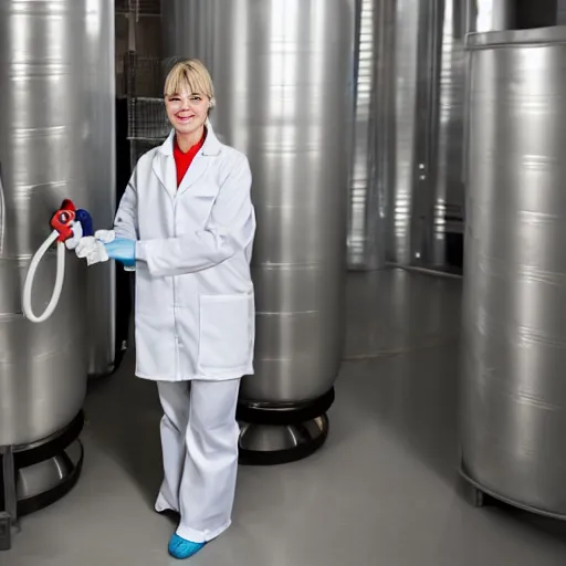 Image similar to woman in a lab coat leaning against a large compressed air tank. she's smirking while holding on to the tank's valve.