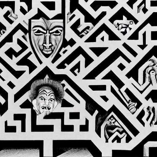 Prompt: andrew lloyd webber apprehensively enters the labyrinth of the minotaur, mc escher