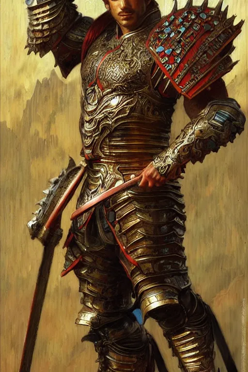 Image similar to attractive muscular male with armor, ming dynasty, character design, colorful paint, complex pattern, sweat, painting by gaston bussiere, craig mullins, j. c. leyendecker, tom of finland
