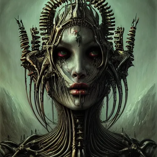 Image similar to a portrait of a beautiful biomechanical queen of necropolis, horror concept art by giger and beksinski and szukalski and wlop and pete mohrbacher, digital art, highly detailed, intricate, sci-fi, sharp focus, Trending on Artstation HQ, deviantart, unreal engine 5, 4K UHD image