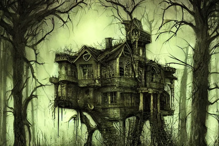 Image similar to mad horror painting of a futuristic alien witch house in the woods by ben templesmith