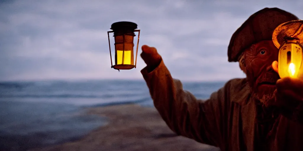 Image similar to film still of closeup old man holding up lantern by his beach hut at night. pirate ship in the ocean by emmanuel lubezki