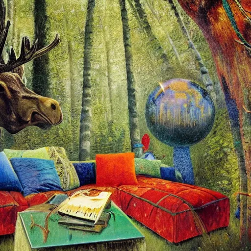 Prompt: psychedelic couch sofa in the lush pine forest, outer space, milky way, moose antlers, designed by arnold bocklin, jules bastien - lepage, tarsila do amaral, wayne barlowe and gustave baumann, cheval michael, trending on artstation, star, sharp focus, colorful refracted sparkles and lines, soft light, 8 k 4 k