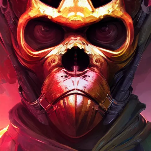 Image similar to a golden skull face monkey warrior with a ruby in his forehead, Apex Legends character digital illustration portrait design, by android jones, detailed, cinematic lighting, wide angle action dynamic portrait
