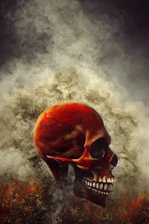 Image similar to immaculate painting of A Beautiful fine detailed gold and red and black huge skull floating in smoke over desolated wastelands, an iIlusion by erik johansson micro detailing