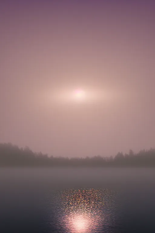 Prompt: misty fog over a lake at night, land in the distance, cherry blossoms, illustration, light beams, simple, minimalist, digital art, oil painting, fantasy, 8 k, trending on artstation, detailed