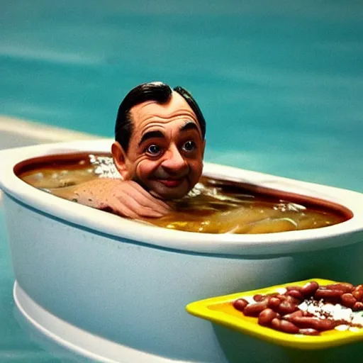 Prompt: mr bean swimming in a bathtub but instead of water it is baked beans full to the brim