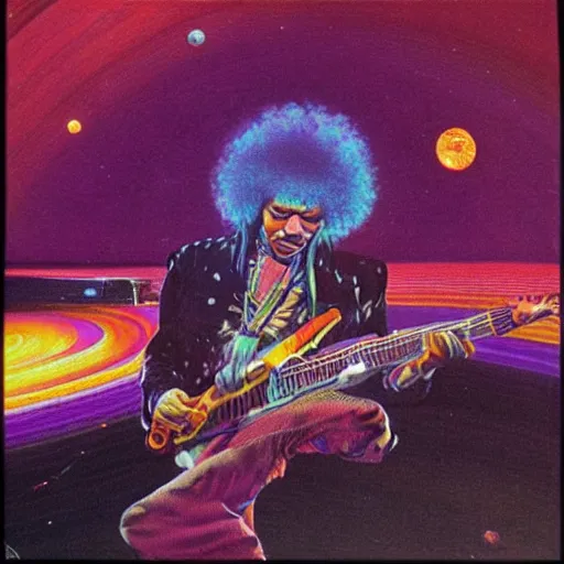 Image similar to Jimi Hendrix sitting on the rings of Saturn playing \'Purple Haze\' on his electric guitar by Moebius and Paul Lehr