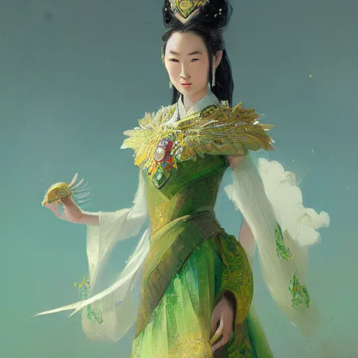 Image similar to portrait of a mongolian princess spreading its wings by greg rutkowski, she looks like an asian princess with beautiful green eyes, wearing a majestic dress, highly detailed portrait, scifi, digital painting, artstation, concept art, smooth, sharp foccus ilustration, artstation hq