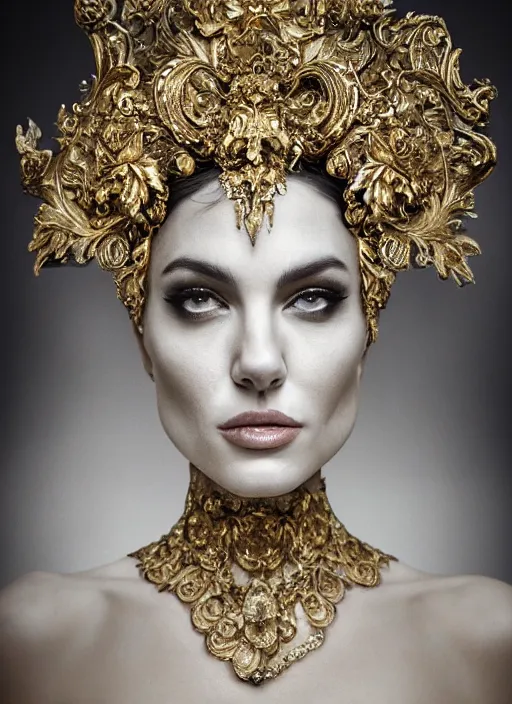 Image similar to a portrait of angelina jollie by stefan geselle and nekro borja, photorealistic, intricate details, hyper realistic, fantasy, elegant, baroque gold headpiece, photorealistic, canon r 3, photography, wide shot, symmetrical features, symmetrical pose, wide angle shot, head to toe, standing pose, feet on the ground, wearable art