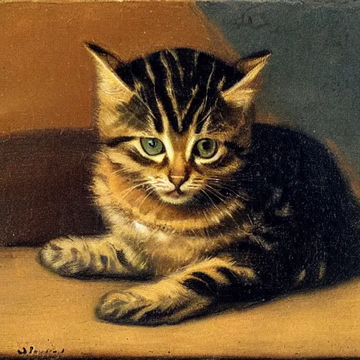 Prompt: Still life of a tabby kitten sitting on an iPad by Rembrandt, oil-painting, dark background