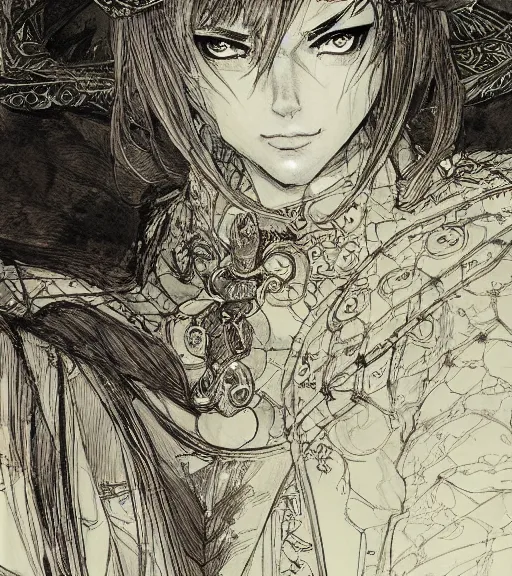 Image similar to portrait of anime woman wearing witch hat in armor, pen and ink, intricate line drawings, by craig mullins, ruan jia, kentaro miura, greg rutkowski, loundraw