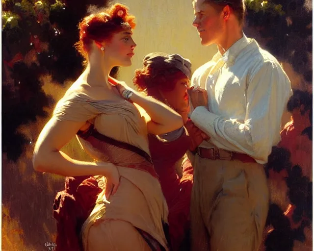 Image similar to distracted boyfriend meme, painting by gaston bussiere, craig mullins, j. c. leyendecker