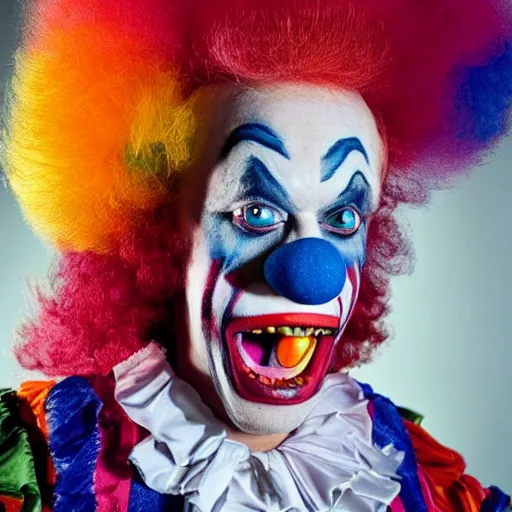 Image similar to uhd candid photo of krusty the clown wearing bizarre clown makeup, intricate clown costume. photo by annie leibowitz photorealistic hyperdetailed