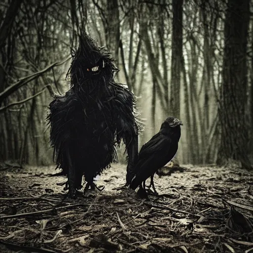 Image similar to werecreature consisting of a crow and a human, photograph captured in a dark forest