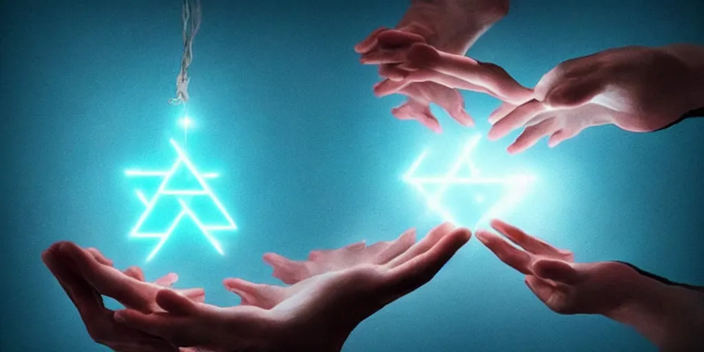 Image similar to a mix of ✡❤♾ glowing and floating in between a pair of hands, epic, cinematic, mystery, fantasy.