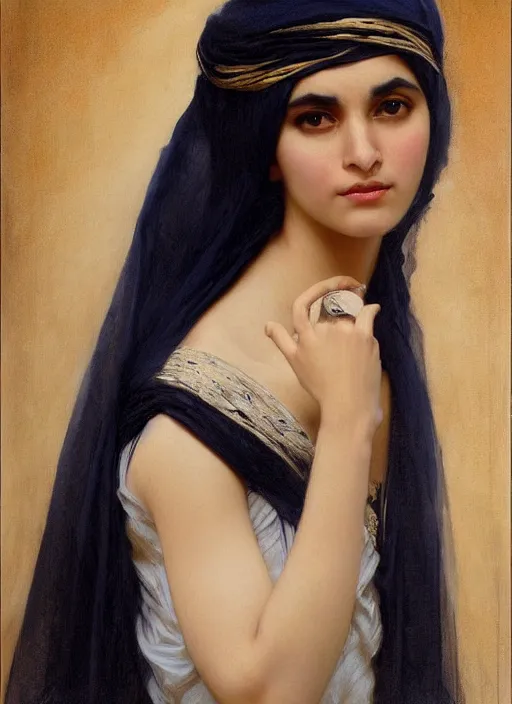 Image similar to arab modern tanned Ameera al-Taweel, blue eyes, wavy black hair, white veil, intricate, elegant, highly detailed, artstation, concept art, sharp focus, ruan jia, jurgens, orientalism, bouguereau