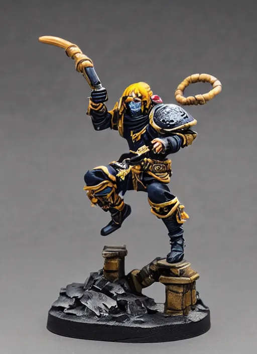 Image similar to 8 0 mm resin detailed miniature of a warhammer 4 0 k ninja warrior doing a spin move, product introduction photos, 4 k, full body,