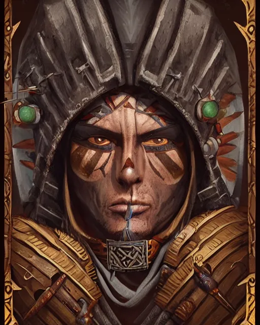 Prompt: digital painting of an aztec undead archer by filipe pagliuso and justin gerard, symmetric, fantasy, detailed, intricate, portrait, sharp focus, tarot card, handsome, gwent