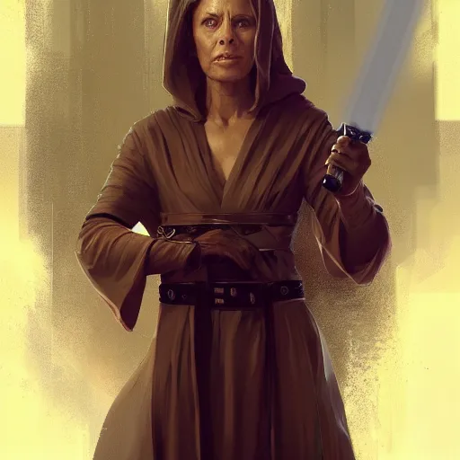 Image similar to portrait of a jedi master woman by greg rutkowski, french features, smirk, jedi robes, star wars expanded universe, she is about 6 0 years old, wearing jedi robes, highly detailed portrait, digital painting, artstation, concept art, smooth, sharp foccus ilustration, artstation hq