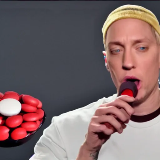 Image similar to eminem rapping against red m & ms
