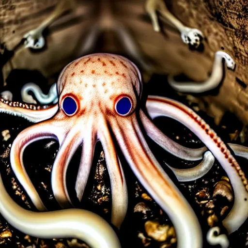 Image similar to an octopus hiding inside a decaying human skeleton, detailed nature photograph